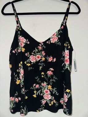 Floral V-Neck Spaghetti Strap Top - Black w/ Pink & Yellow Flowers, M
